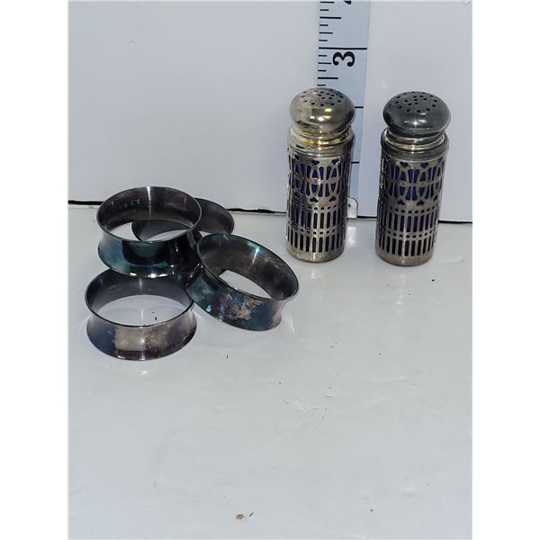 Lot of Silverplate Napkin Rings + Colbalt Blue Plated Salt & Pepper Shakers