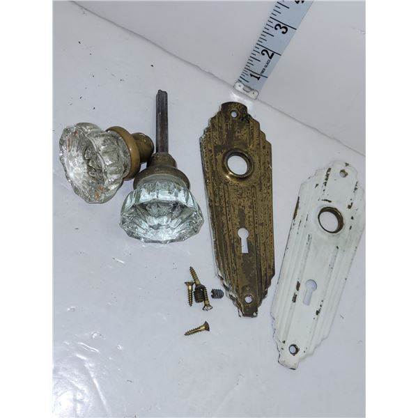 Pair of Antique Glass Door Knobs w/ Door Hardware