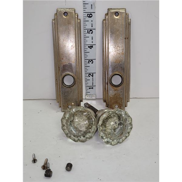 Pair of Antique Glass Door Knobs w/ Door Hardware
