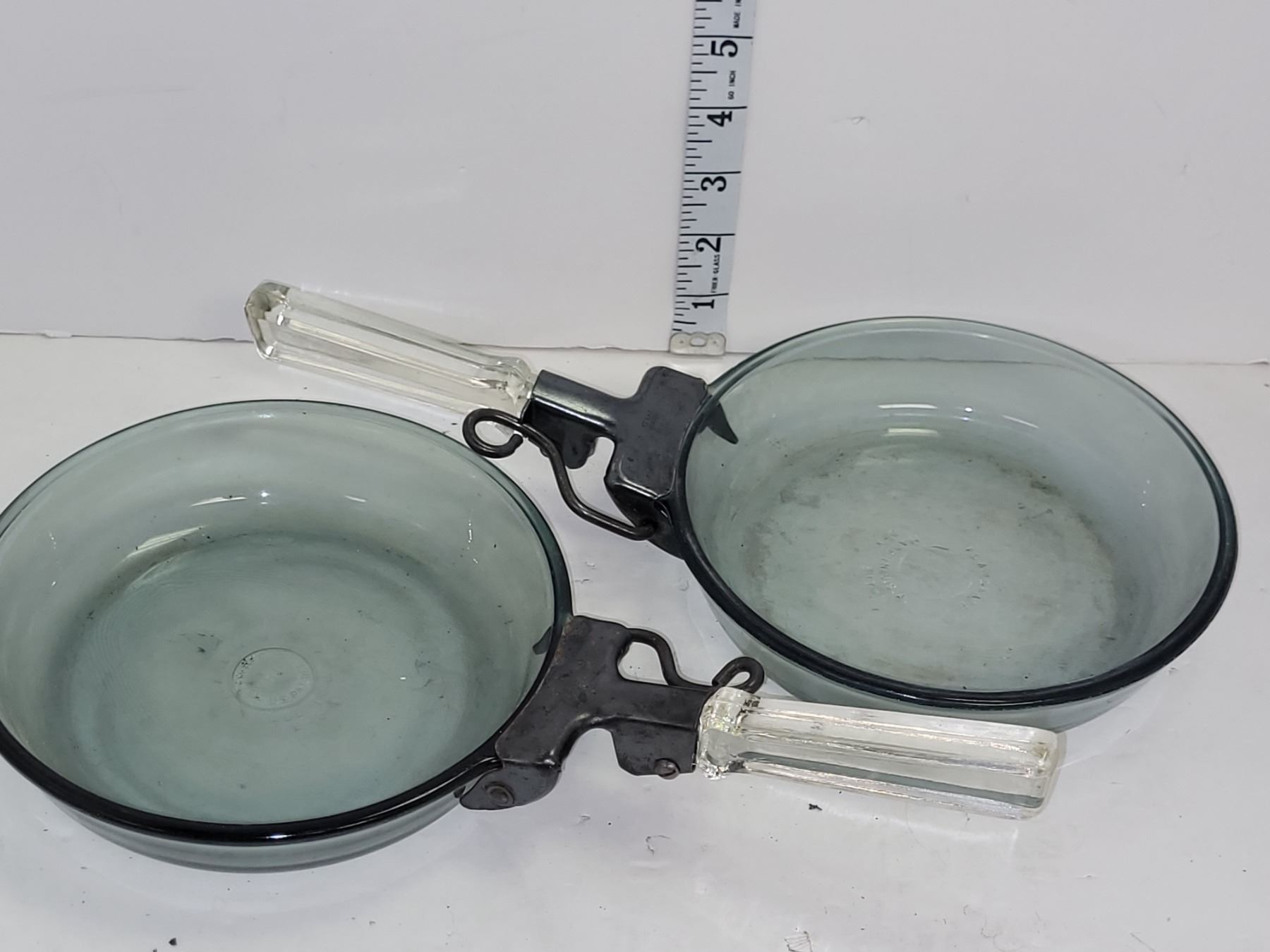 Pyrex Removable Handle Pair of Vintage Flamewear Pyrex Skillets with Removable Glass Handles