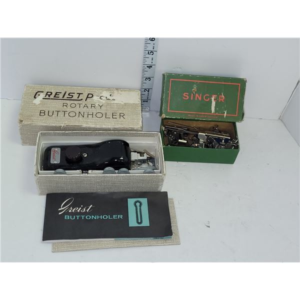 Greist Rotary Buttonholer & Singer Accessories in Org Box