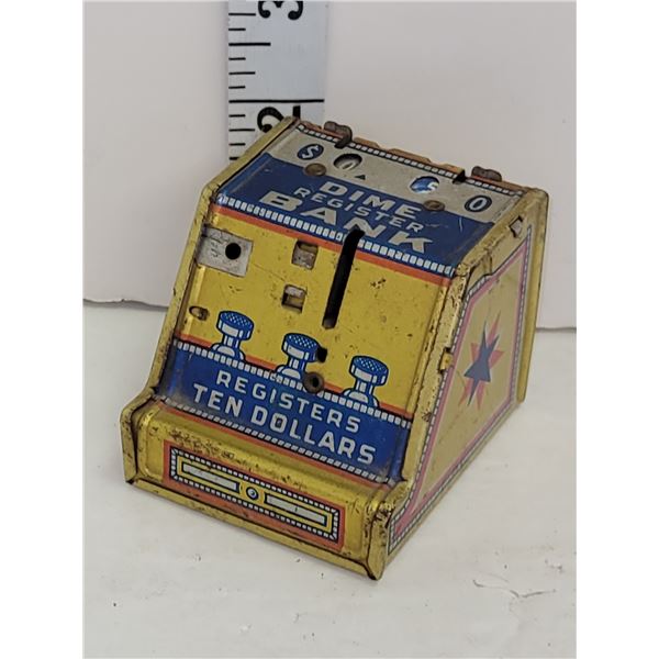 Vintage Metal Dime Register Coin Bank - Reading says $0.50 - it Rattles with Coins Inside