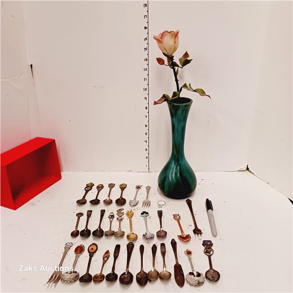 Stamped Blue Mountain Pottery Vase & Souvenir Spoons etc