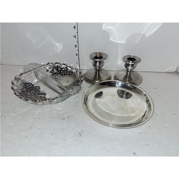 Glass & Silver Pickle Tray (crack); Silverplate Candlestick Holders; Silverplate Salver