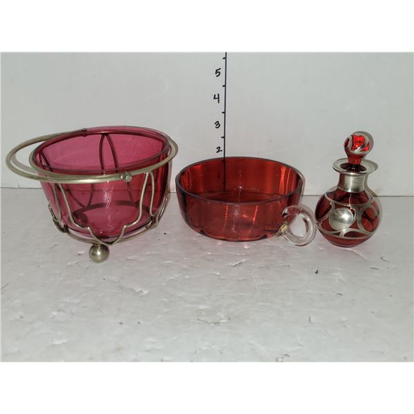 Silverplated (?) Perfume Bottle; Rose Dish in Metal Holder; Red Coloured Glass Mug