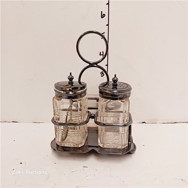 Silverplated & Glass Salt & Pepper Shaker in Tray - Hallmarked