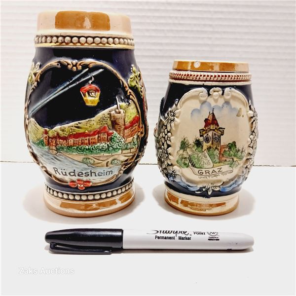 Vintage West Germany Rudesheim Octoberfest & Original Graz, Austria - Schlossberg Clock Tower Steins