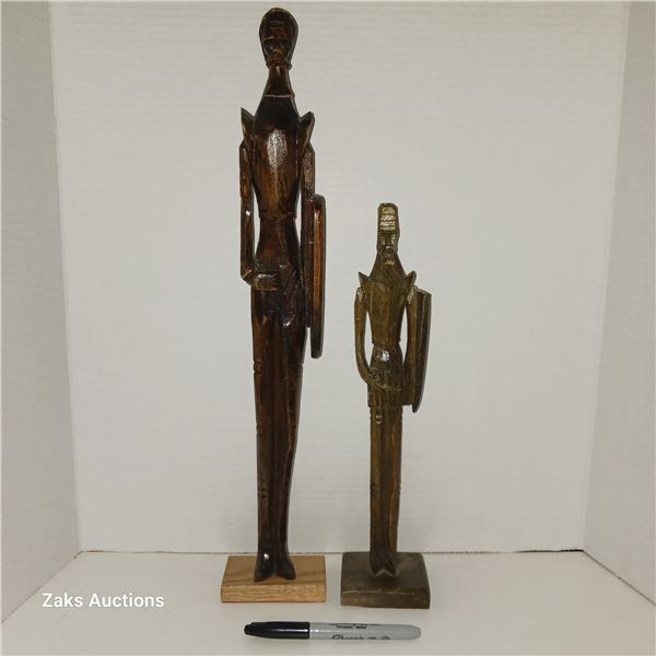 Vintage Pair of Wooden Don Quixote Statues Hand Carved 19" & 13 3/4"