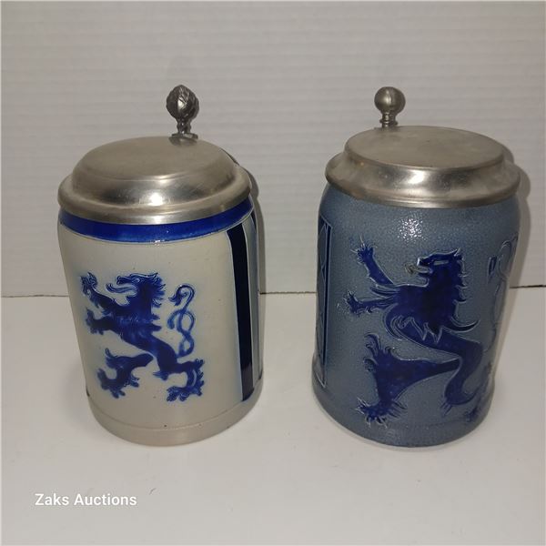 Vintage Set of 2 Merkelbach German Stoneware Steins, Blue Rampant Lion