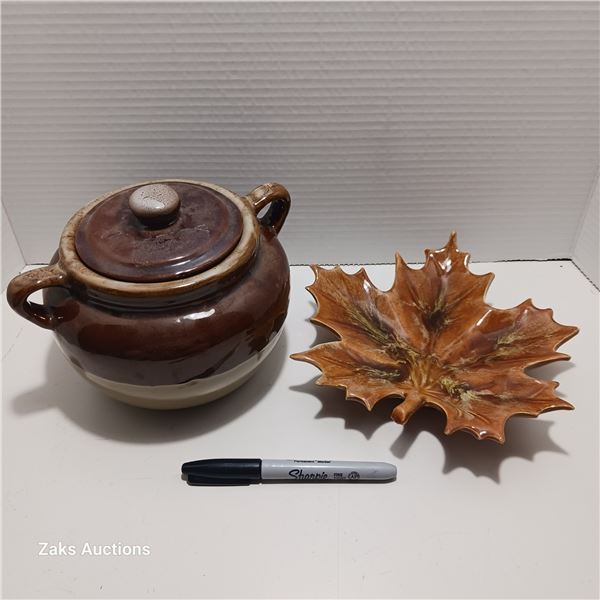 Vintage Stoneware Pottery Bean Pot Lid Double Handles & Autumn Leaf Dish