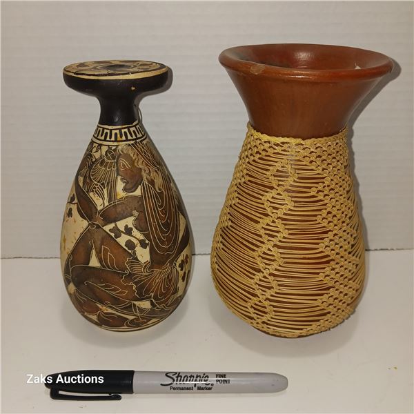 450 BC Greek Pottery Vase, Authentic Museum Copy No 11 & 1960s Clay Vessel with Woven Casing