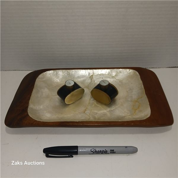 Vintage Mother of Pearl Inlay Wood Bowl & 1920's Art Deco Oval Mother Of Pearl Salt, Pepper Shakers