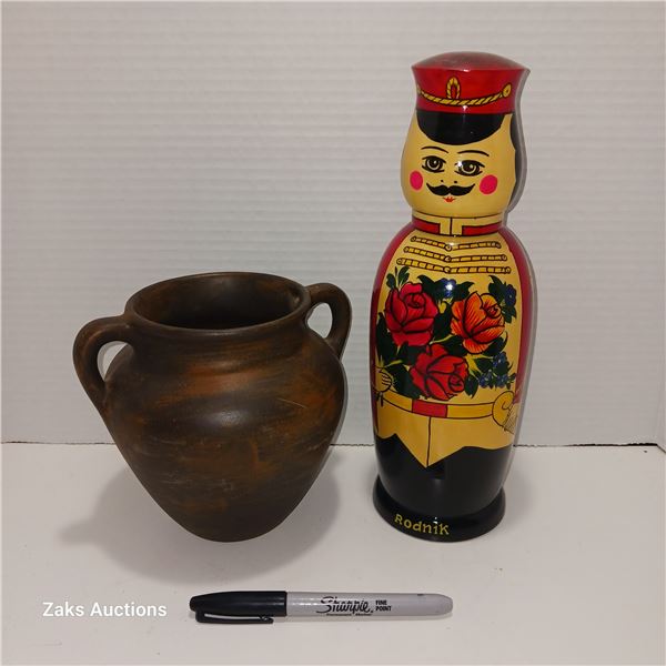 Vintage Greek Style Ceramic Wall Urn & Matryoshka Rodnik Vodka Container, Russian Wooden Soldier Vod