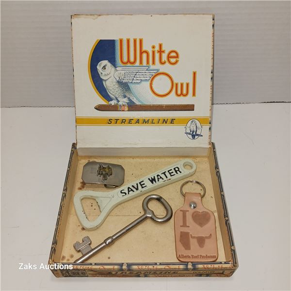 Vintage White Owl Streamline Estate Trinkets; 1900's Horse Saddle Western Belt Buckle, 2010's Abbott