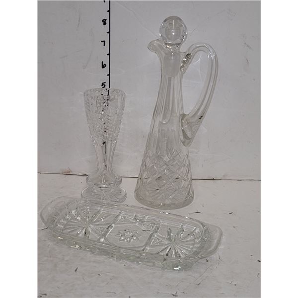 Glassware - Butter Dish, Bud Vase & Oil Cruet w/ Stopper