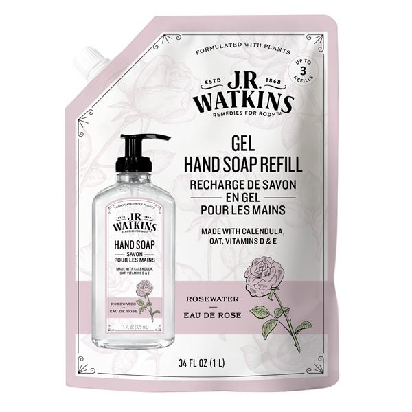 NEW 1L JR WATKINS GEL HAND SOAP REFILL ROSEWATER