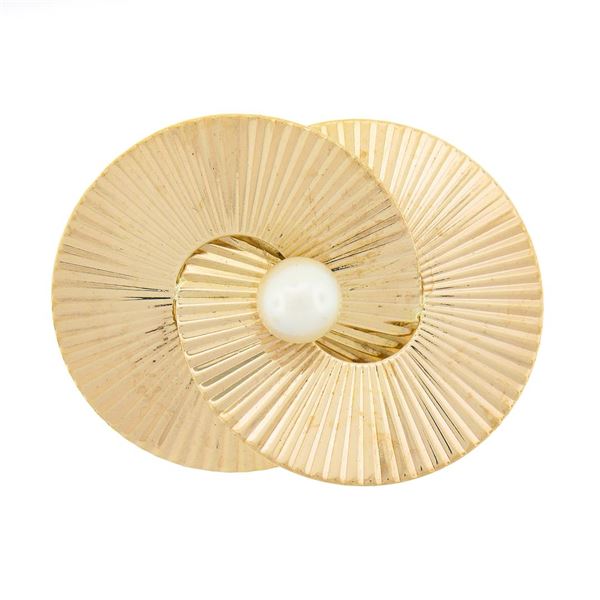Retro Vintage Krementz 14k Gold Grooved Interlocking Round Disc Pearl Pin Brooch