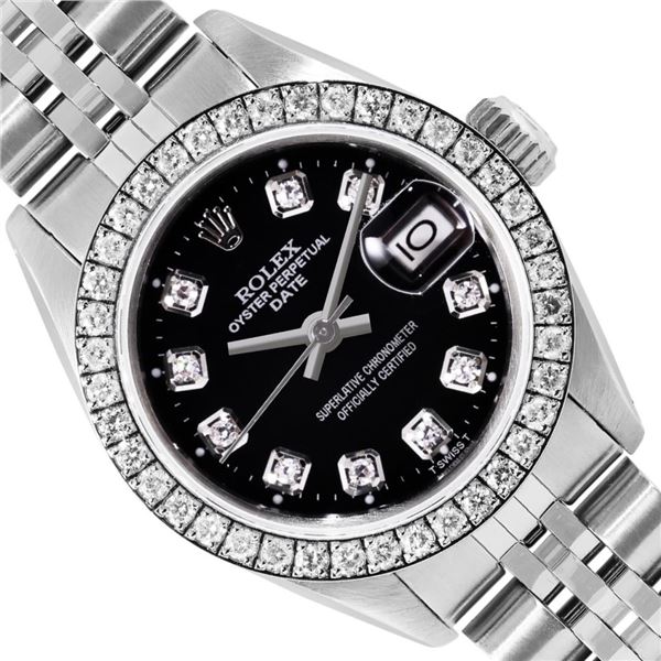 Rolex Ladies Stainless Steel Black Diamond Date Wristwatch 26MM