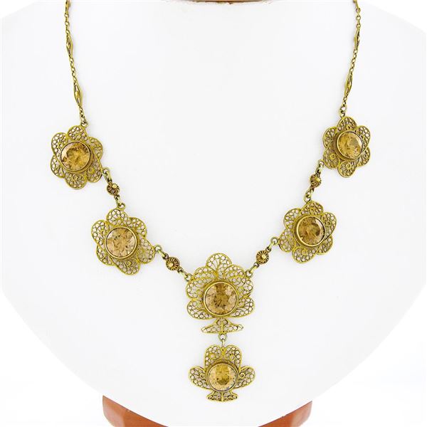Antique 14K Gold 21.40 ctw GIA Brownish Yellow Zircon Open Filigree Work Necklac