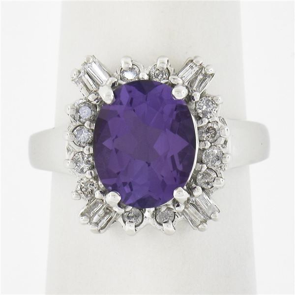 Estate Solid 14k White Gold 2.60 ctw Oval Amethyst Solitaire w/ Diamond Halo Rin