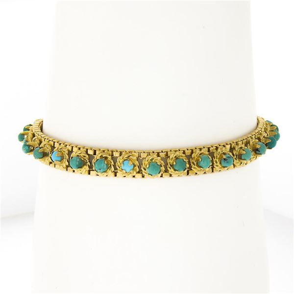 Vintage 18k Gold Round Cabochon Turquoise Twisted Wire Textured Link Bracelet