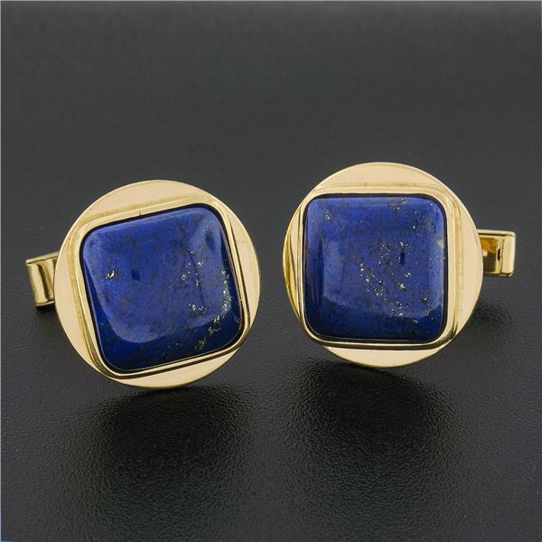 Vintage 14k Yellow Gold & Cushion Cabochon Cut Blue Lapis Mens Swivel Cuff Links