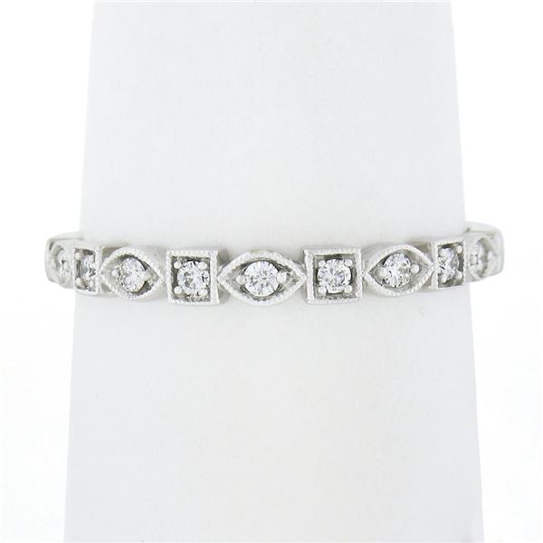 14k White Gold 0.17 ctw Round Diamond Square & Marquise Milgrain Frames Band Rin