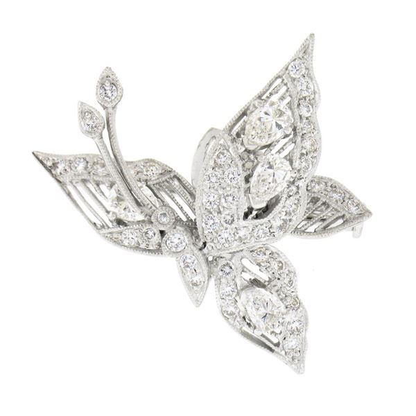 18K White Gold 1.6 ctw Diamond En Tremblant Detailed Mil grain Butterfly Brooch