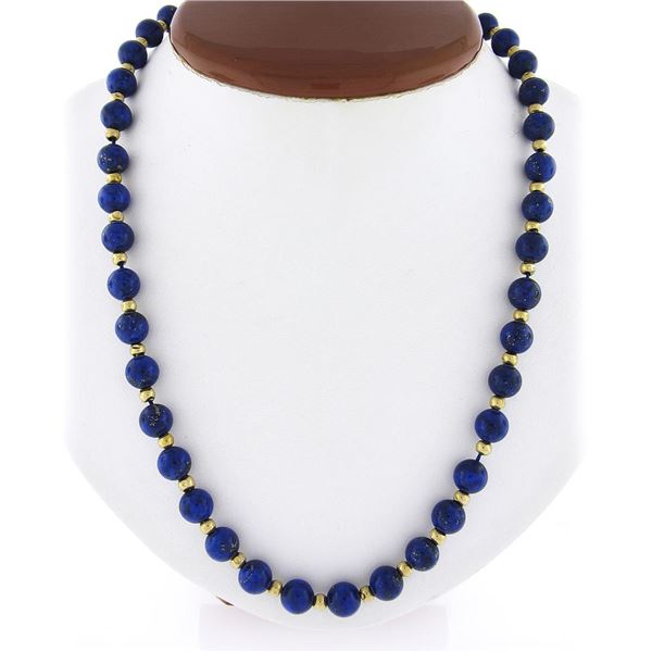 Vintage 25" Long Round Blue Lapis Bead Strand Necklace w/ 14k Gold Balls & Clasp