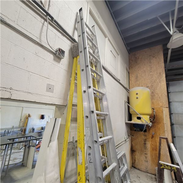 1- Approx. 9 ft fiberglass step ladder & Approx. 17 ft alum. ext. ladder