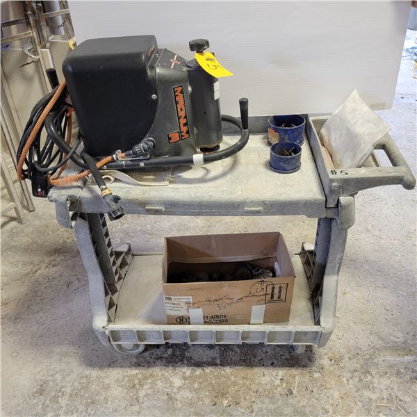 Magnum stone router c/w box of diamond edge profiles, cart & barring/bolts. In working order. Cart g