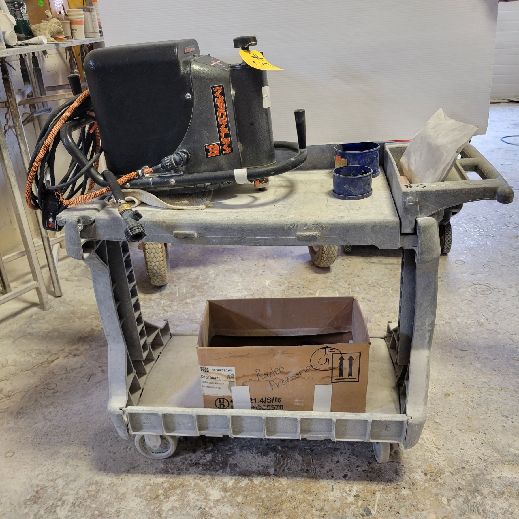 Magnum stone router c/w box of diamond edge profiles, cart & barring ...