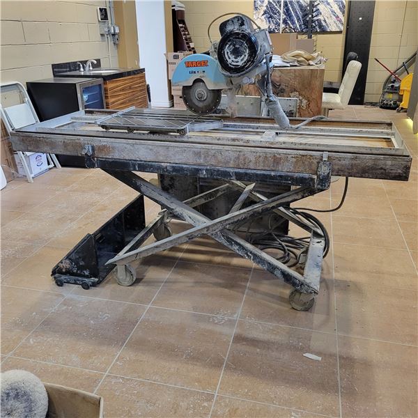Target wet tile saw, 8-10 in blade capacity, approx. 68 in tray length c./w 2- rolling tables, vario
