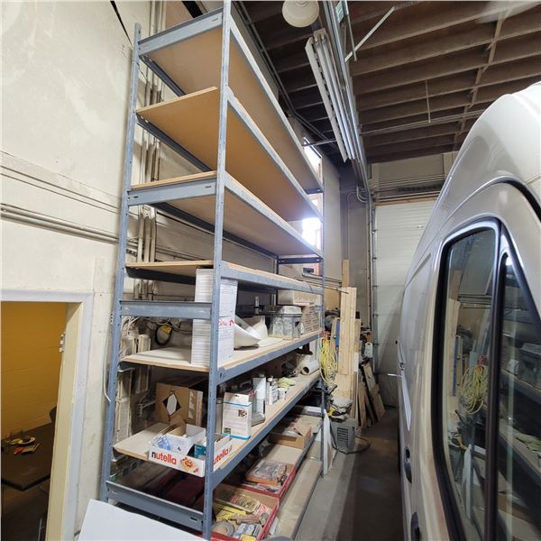 Metal warehouse racking, approx. 100 in x 25 in x 12 ft H, c/w 8 adjustable shelfs. Contents sell se