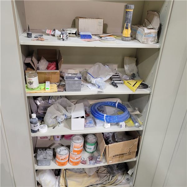 Metal storage cabinet, approx. 36 x 18 x 72 in H c/w qty of misc. shop supplies