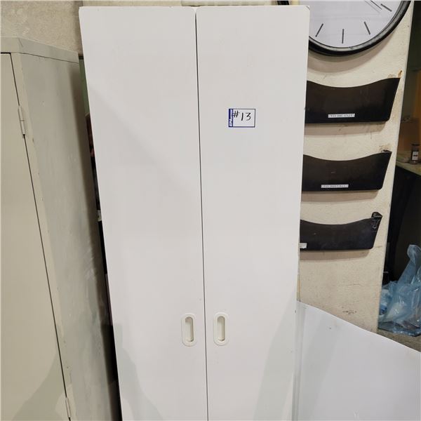 White wood cabinet, approx. 24 x 20 x 76 in H, c/w qty of cleaning supplies