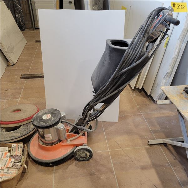 Long heavy cord c/w Grand Quartz floor polishing machine c/w qty of polishing pads, working order