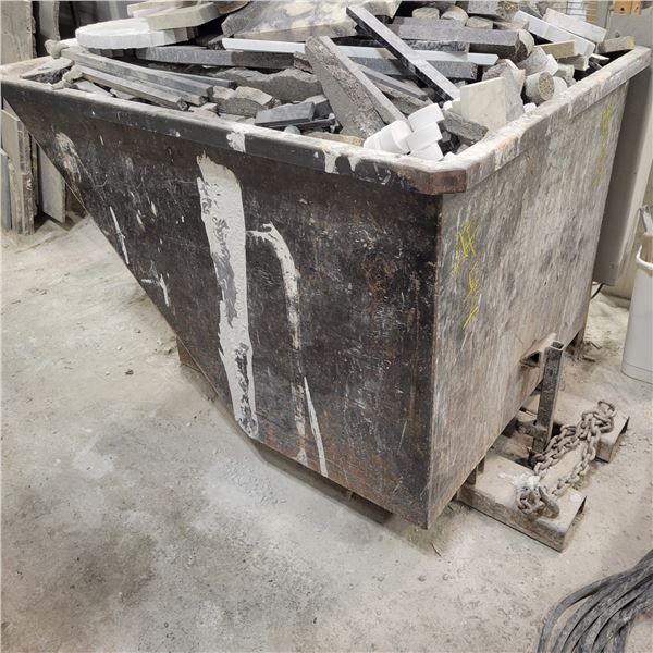 Approx. 60 x 44 x 41 in H steel hopper bin c/w forklift ready pickup & swivel dump. Pieces will be o