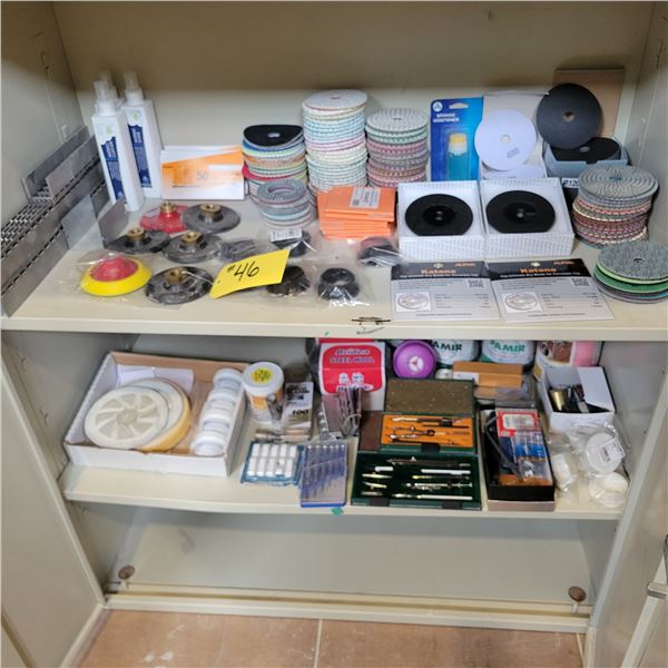 Approx.36 x 18 x 43 in storage cabinet c/w abrasive polishing pads, backer pads, grommet, geo. Sets,