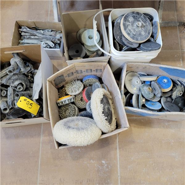 Large qty of backer pads, 4 in abrasive brushes (for leathering stone), box of misc. grinder handles
