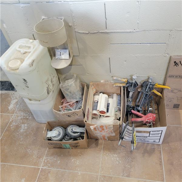 4- Castor wheels, 4- chalking guns, 2- jugs of stone sealant, 2 part stone epoxy & qty of various ep