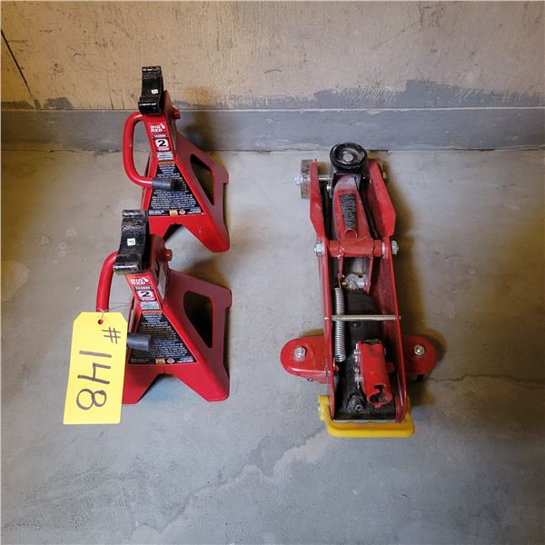 Floor jack (no handle) & 2- 2 ton stands