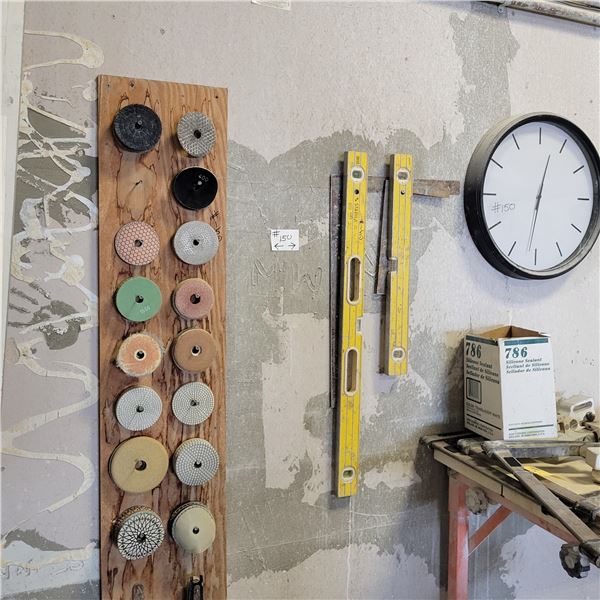 Qty of polishing pads, 2- levels, 2- framing squares & clock