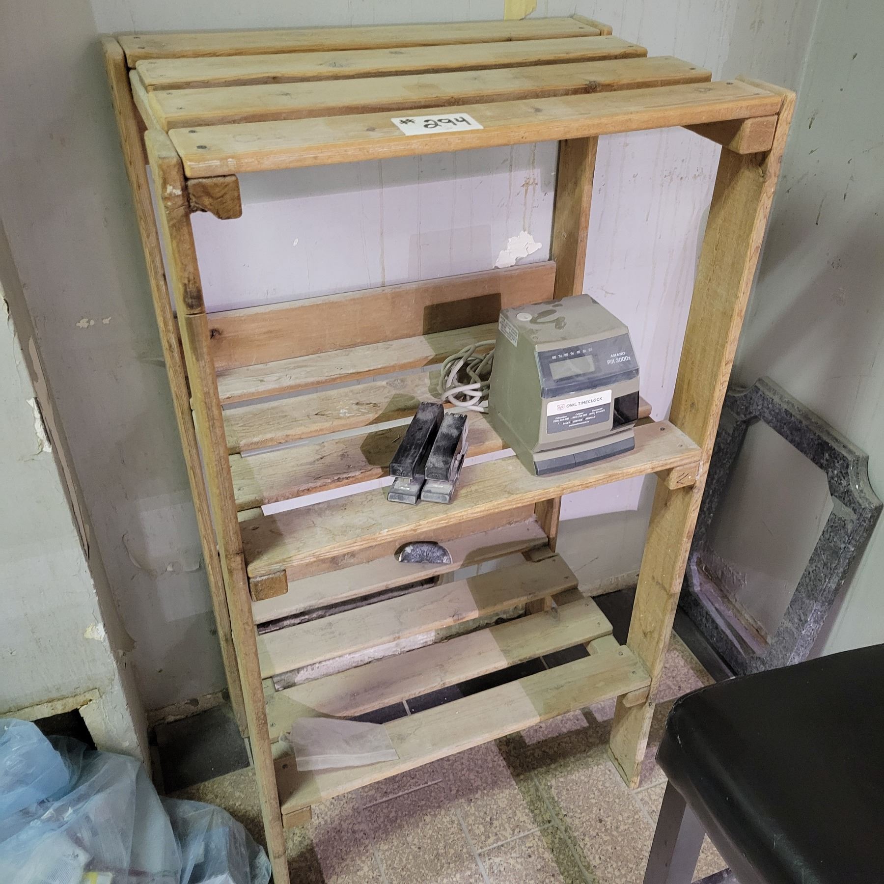 Wooden shelf c/w 2- staplers & time clock