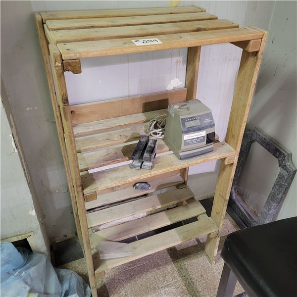 Wooden shelf c/w 2- staplers & time clock