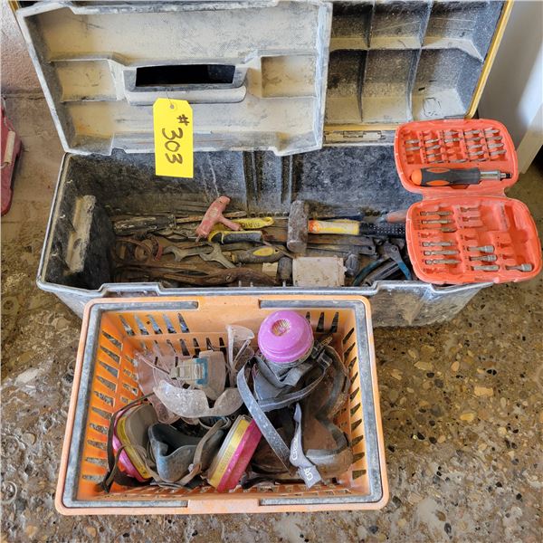Tool box c/w qty of wrenches, screwdrivers etc. & basket of dust masks, safety glasses & misc.