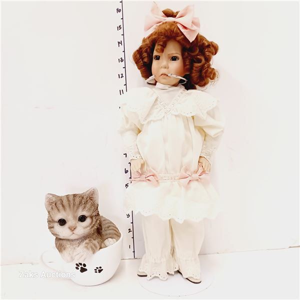 Porcelain Doll w/ Stand & Kitten in a Cup (Ceramic)