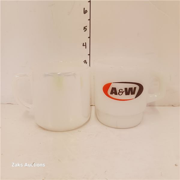 Lot of 2 Vintage Milk Glass Mugs - Fire King & Anhcor Hocking