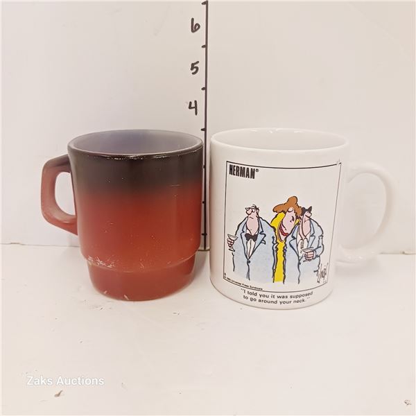 Lot of 2 Vintage Mugs - Milk Glass Fire King & Herman (comic strip)