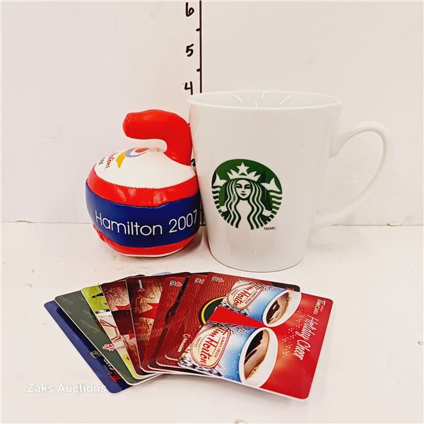 2011 Starbucks Mug & Stuffie & Tim Hortons Collectible Gift Cards
